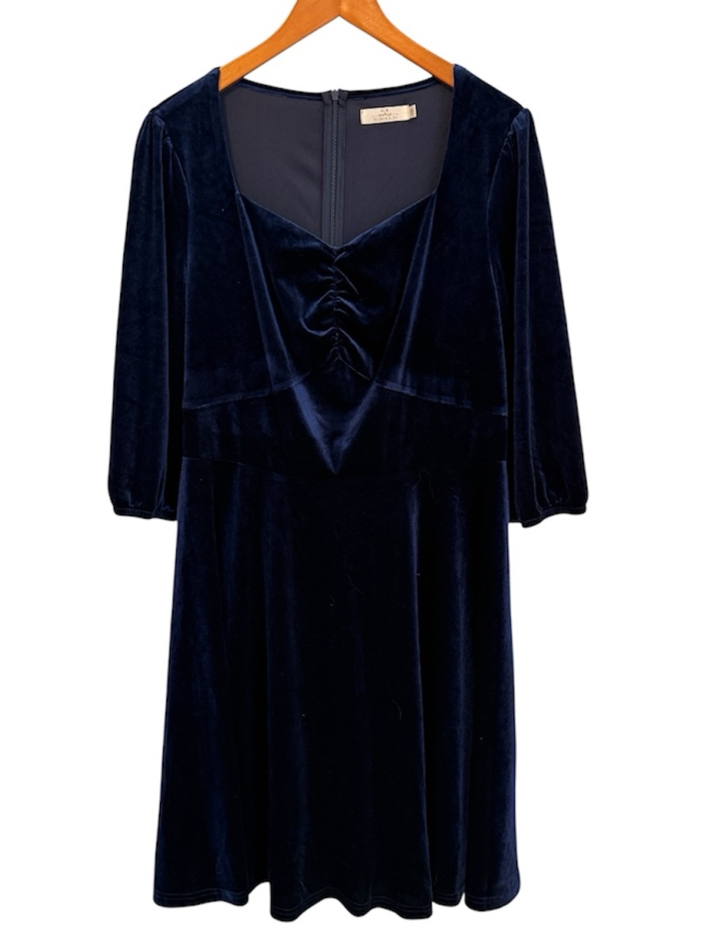 Velvet Navy Blue Midi Dress with Sweetheart Neckline 3/4 Sleeve